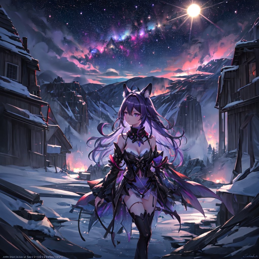 masterpiece,colorful,{best quality},detailed eyes,high constrast,ultra high res.,amidef,Seele is in a ice mountain seeing a huge glowing ice ravine with glowing nebula sky while the sun is setting down with big galaxy like stars.,giving a sad yet with a little hope. ,animal ears,long hair