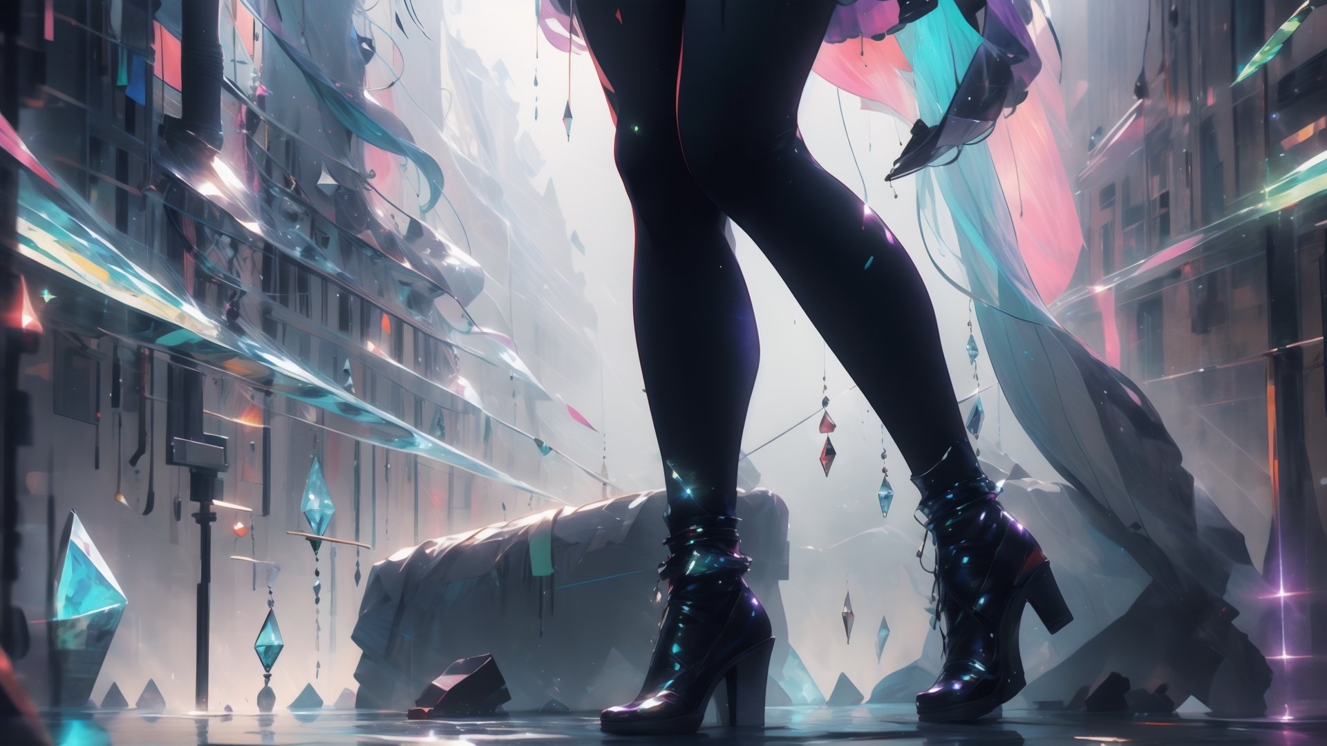 official art, ultra detailed, beautiful and aesthetic, masterpiece, best quality, 1girl, extremely detailed, dynamic angle, elegant, vivid colours,long hair,fullbody, green eyes,Amiya is in a giant neon city with giant glowing crystals in walls that are in different colors sometimes is blue red green or purple or other colour like gray,High detailed ,
,abrstact_background,glitter,amidef