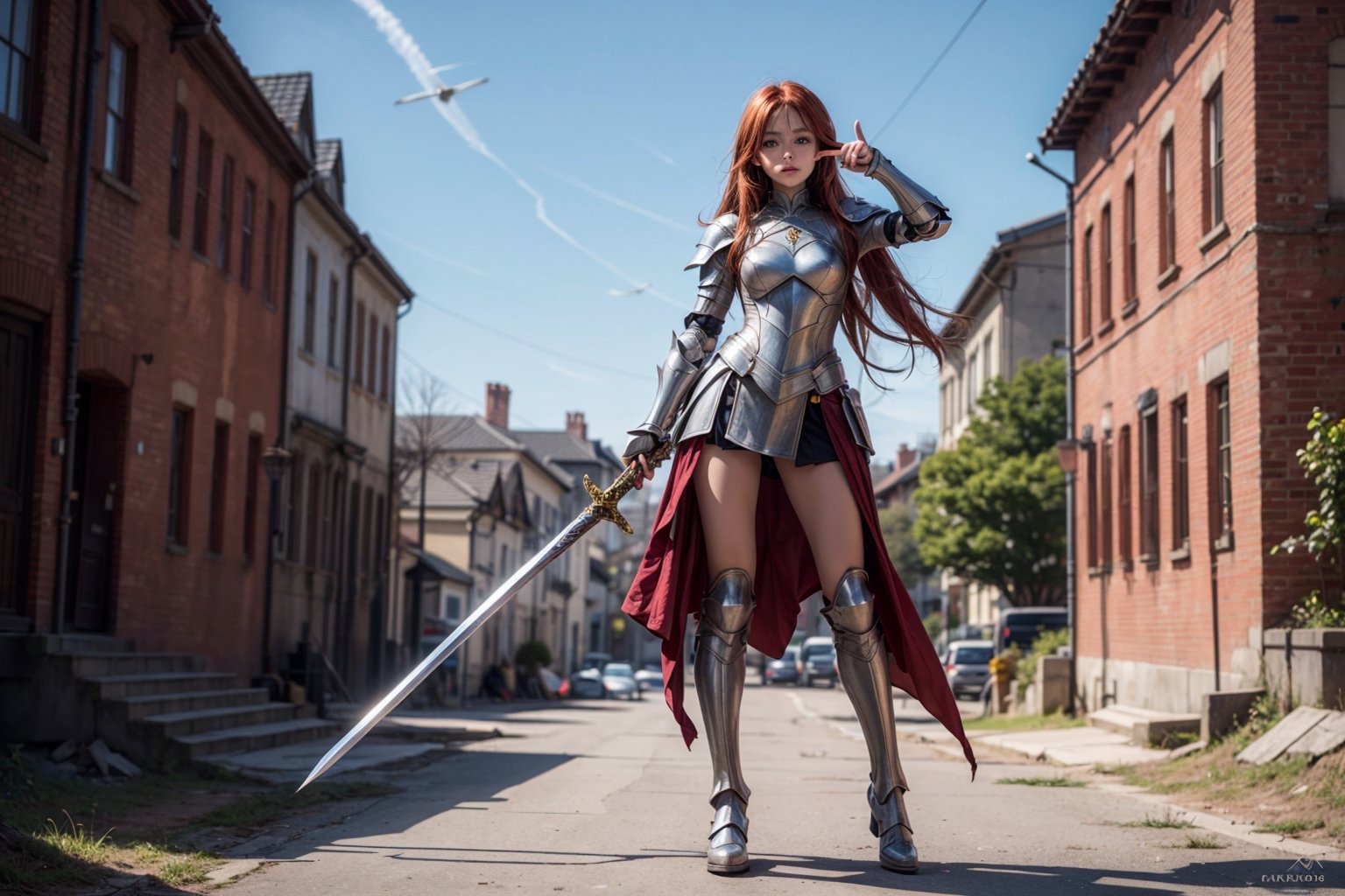 1girl, best quality,  vivid colours,  long hair,  High detailed,  perfect image unfolds with 8k resolution,  masterpiece,  ultra detailed image, colorful,cute girl,clean image style,fullbody,redhead beautifulgirl,High detailed, a girls standing out with a armour costume and a sword in hand pointing it to the skies, 