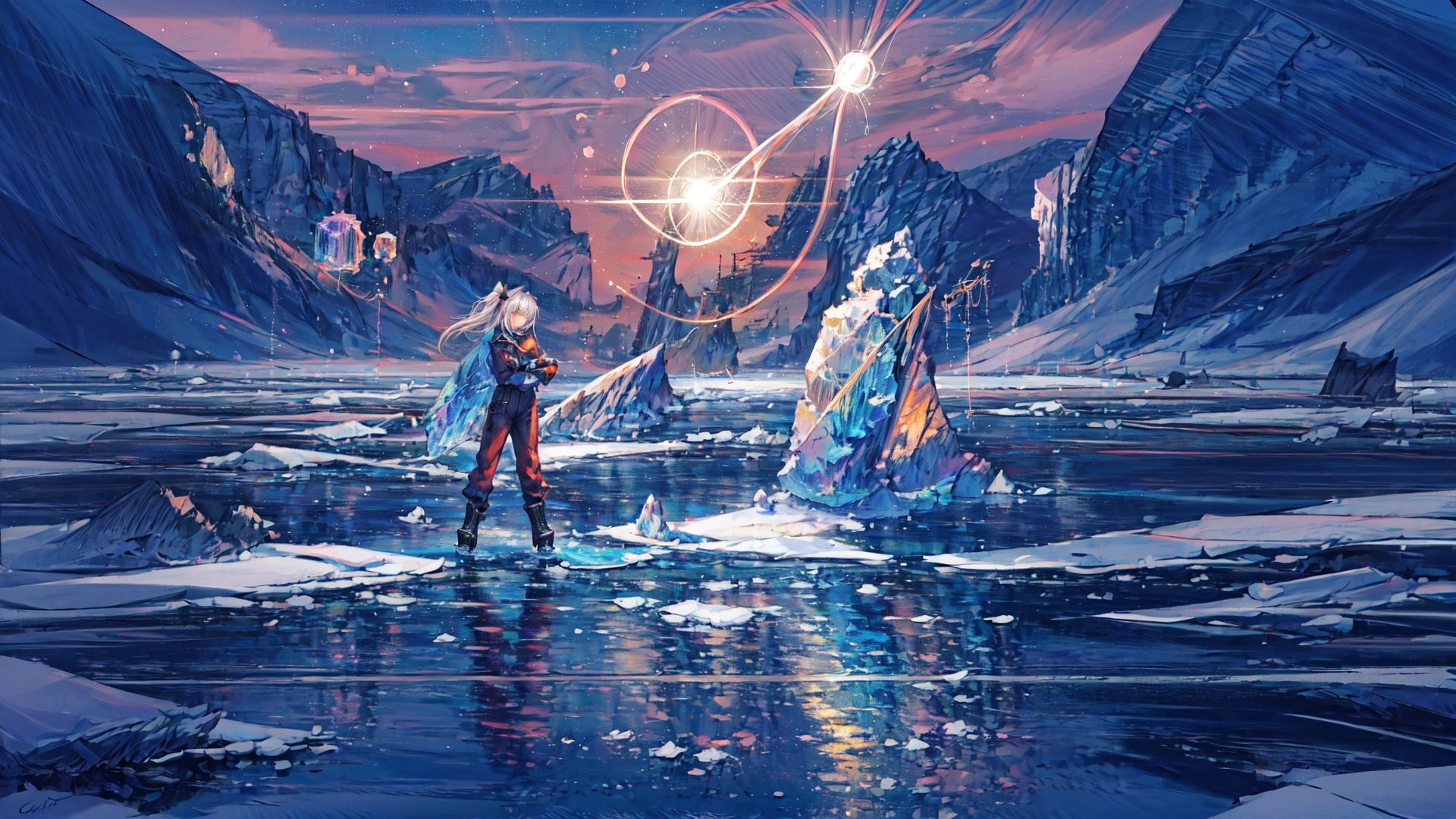 masterpiece,colorful,{best quality},detailed eyes,high constrast,ultra high res.,amidef,the girl c.c is in a ice mountain river with glowing nebula sky while the sun is setting down with big galaxy like stars.,giving a sad yet a little hope in the future.,long hair,hikaru1,layersuit,full_body,reflection in the ice and snown,c.c