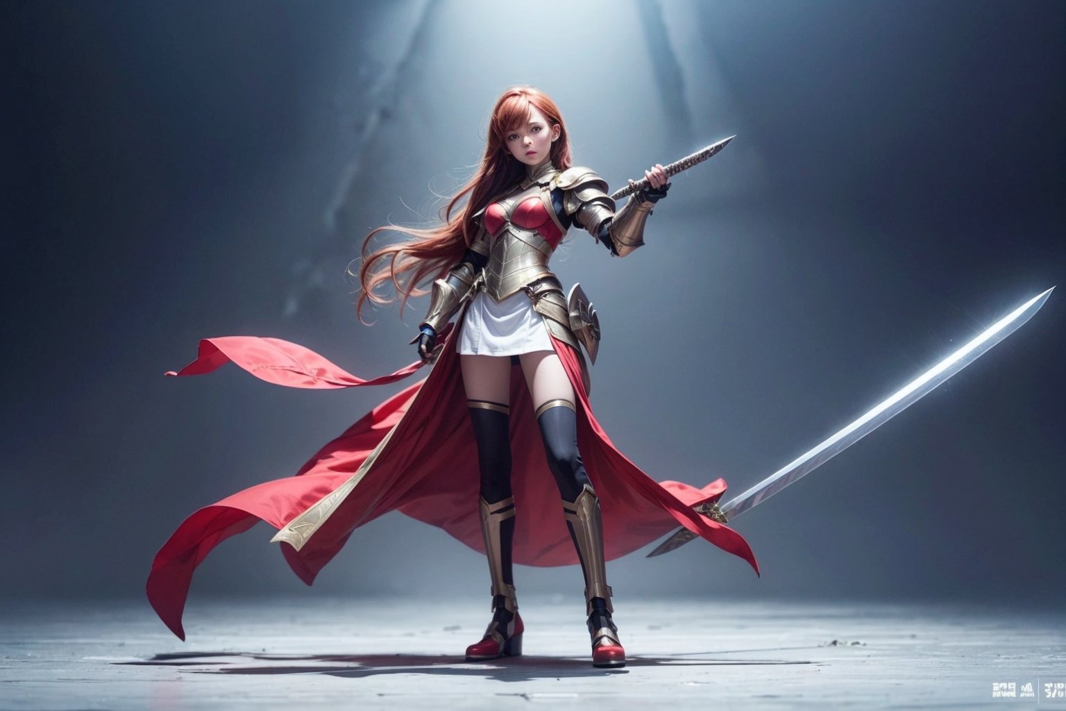 1girl, best quality,  vivid colours,  long hair,  High detailed,  perfect image unfolds with 8k resolution,  masterpiece,  ultra detailed image, colorful,cute girl,clean image style,fullbody,redhead beautifulgirl,High detailed, a girls standing out with a armour costume, she have a sword in hand  and she is raising it to the skies,realhands,