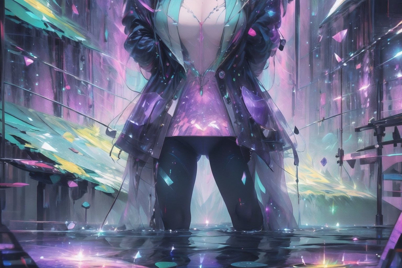 ultra detailed, masterpiece, best quality, 1girl, extremely detailed, vivid colours,long hair,fullbody, green eyes,Amiya is in a giant neon city with giant glowing crystals in walls that are in different colors sometimes is blue red green or purple or other colour like gray,High detailed,glitter,amidef