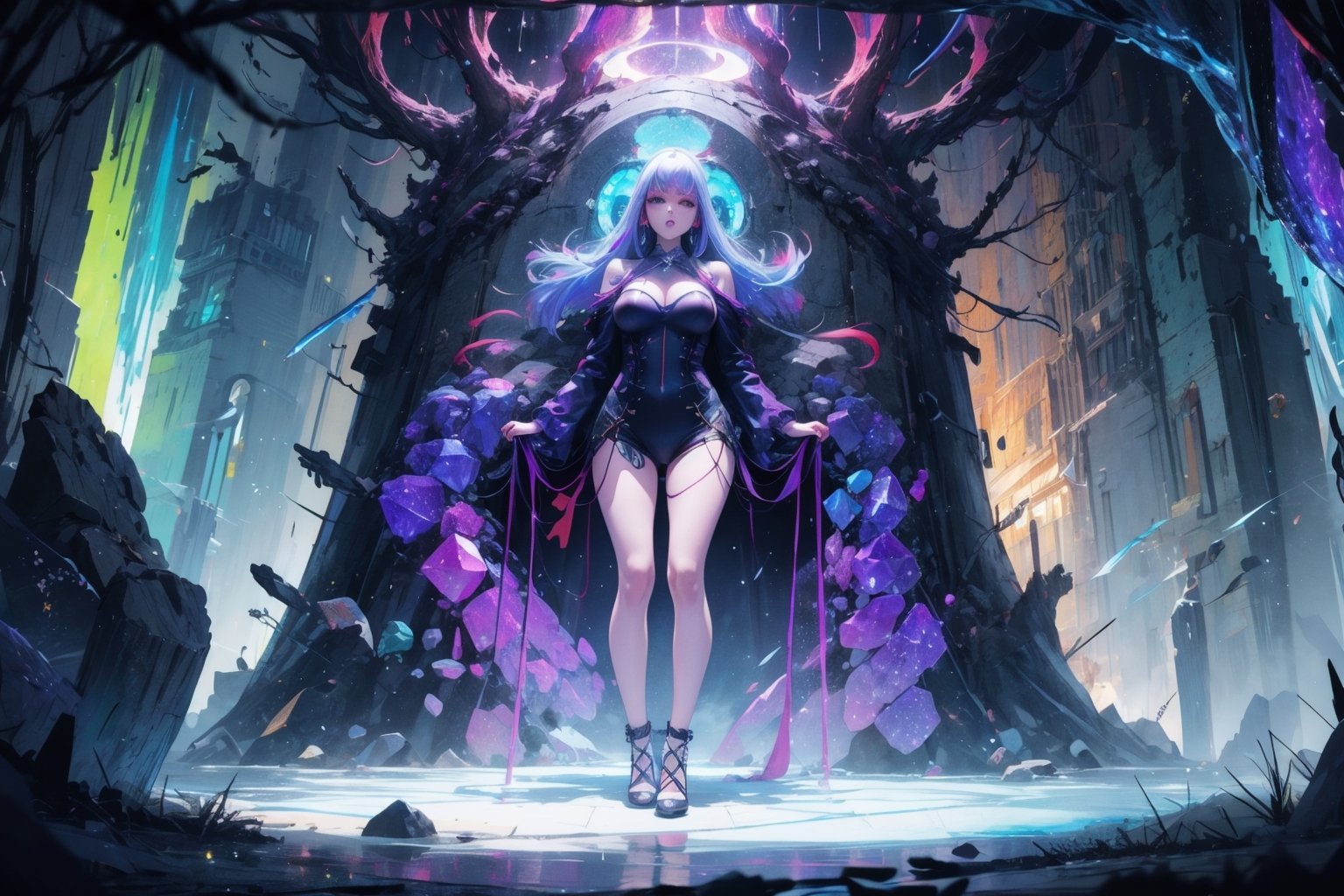 official art, ultra detailed, beautiful and aesthetic, masterpiece, best quality, 1girl, extremely detailed, dynamic angle, elegant, vivid colours,long hair,fullbody, green eyes,Makima is in a giant glowing cave with giant glowing crystals that are in different colors sometimes is blue red green or purple or other colour like gray,High detailed ,makima\(chainsaw man\)