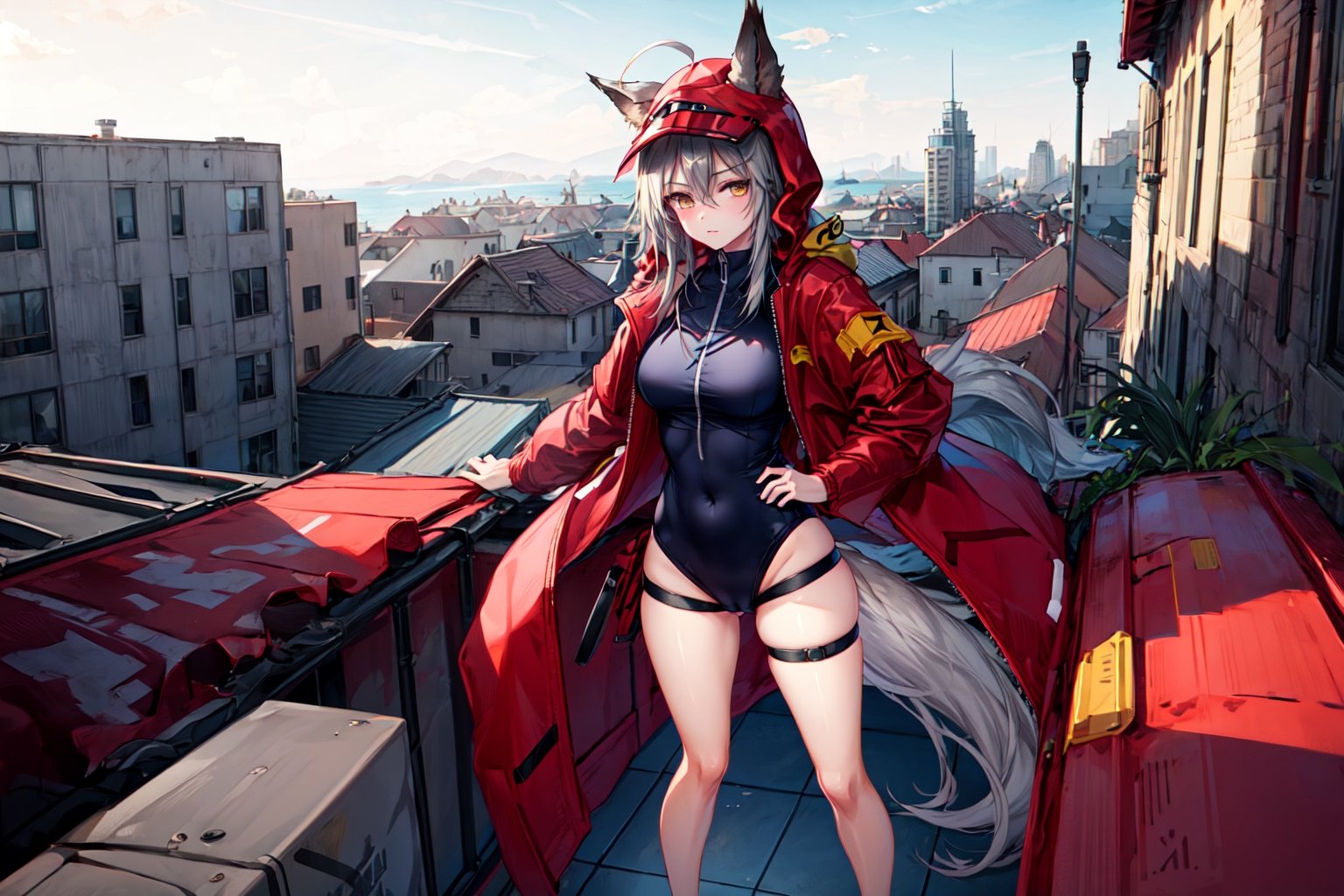 masterpiece, best quality , vivid colours,long hair,fullbody,High detailed,detailed face and eyes, long hair,camel_toe,panties showing,standing,front pov,sfw,vulva,ahoge,1girl,dynamicpose,clothes floating with the wind,powerful colours,projekt red from arknights chilling in a roof top,1girl,gray hair,navel,hot body,projekt red light breeze, yellow eyes, leaning forward, jacket, wolf tail, hood, open jacket, hooded jacket, red jacket, black one-piece swimsuit, thigh strap, unzipped, highleg swimsuit, ears through headwear,