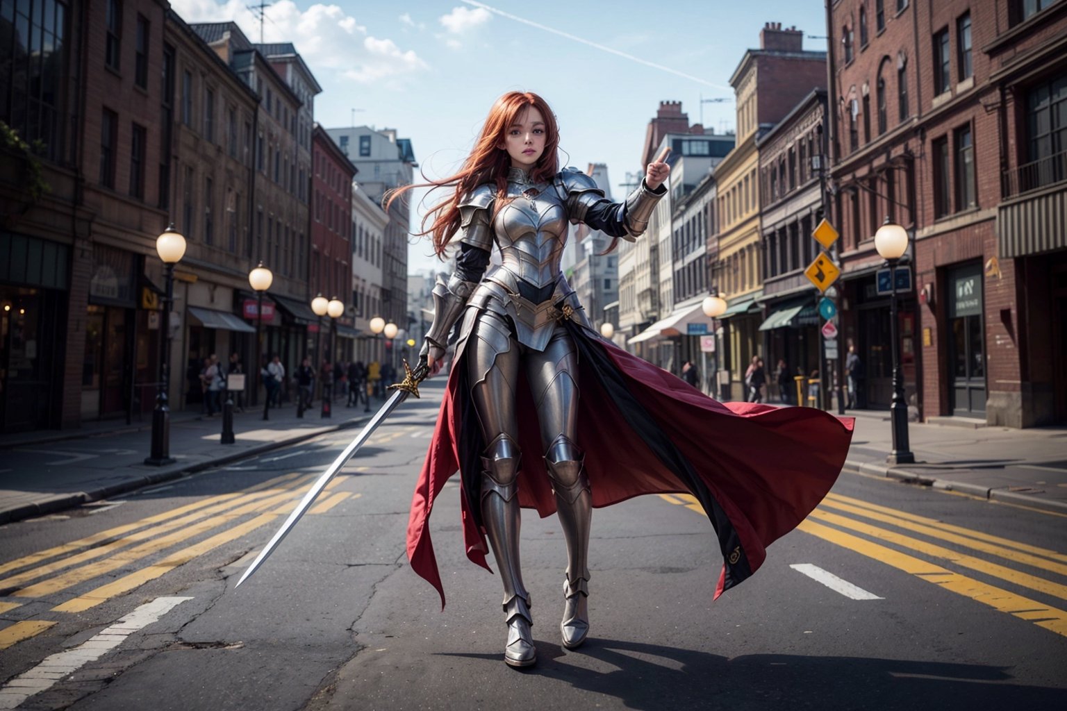 1girl, best quality,  vivid colours,  long hair,  High detailed,  perfect image unfolds with 8k resolution,  masterpiece,  ultra detailed image, colorful,cute girl,clean image style,fullbody,redhead beautifulgirl,High detailed, a girls standing out with a armour costume and a sword in hand pointing it to the skies, 