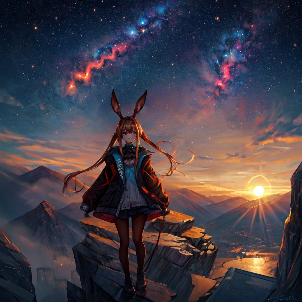 masterpiece,colorful,{best quality},detailed eyes,high constrast,ultra high res.,amidef,
amiya is in a mountain seeing a huge glowing ravine with glowing nebula sky while the sun is setting down with big galaxy like stars.,giving a sad yet with a little hope. ,animal ears