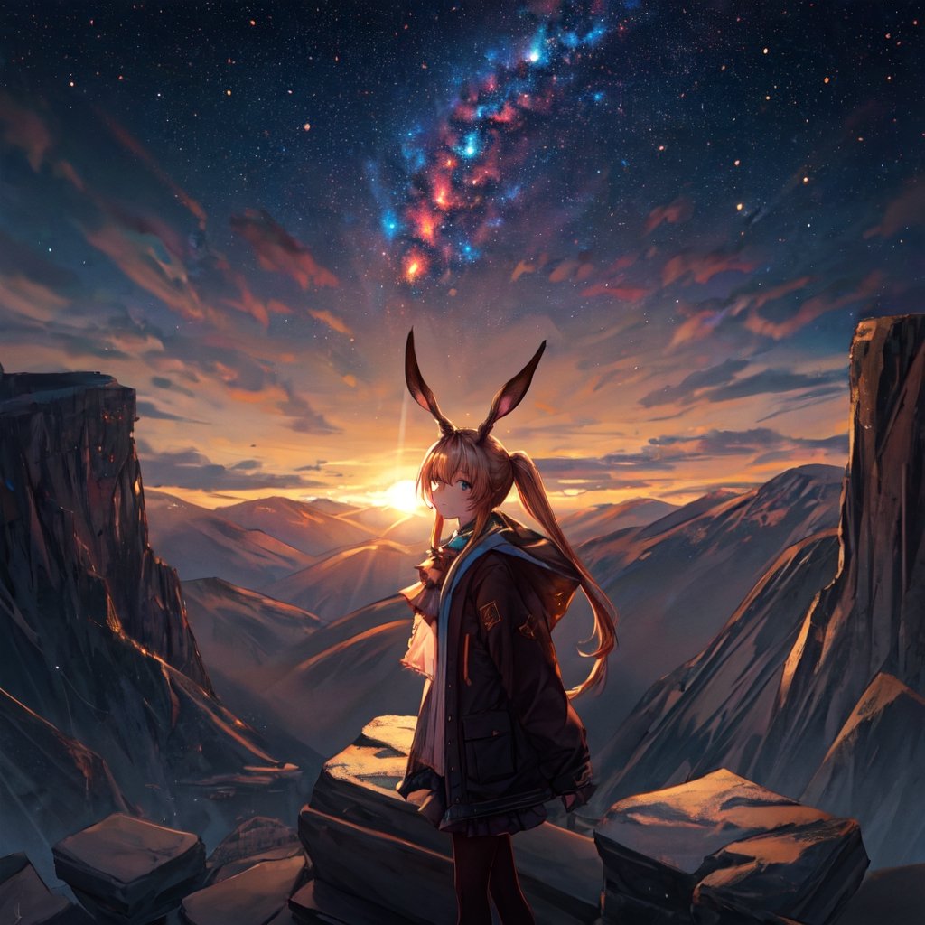 masterpiece,colorful,{best quality},detailed eyes,high constrast,ultra high res.,amidef,
amiya is in a mountain seeing a huge glowing ravine with glowing nebula sky while the sun is setting down with big galaxy like stars.,giving a sad yet with a little hope. ,animal ears