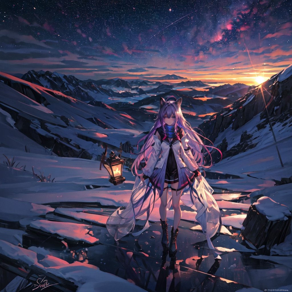 masterpiece,colorful,{best quality},detailed eyes,high constrast,ultra high res.,amidef,Seele is in a ice mountain seeing a huge glowing ice ravine with glowing nebula sky while the sun is setting down with big galaxy like stars.,giving a sad yet with a little hope. ,animal ears,long hair