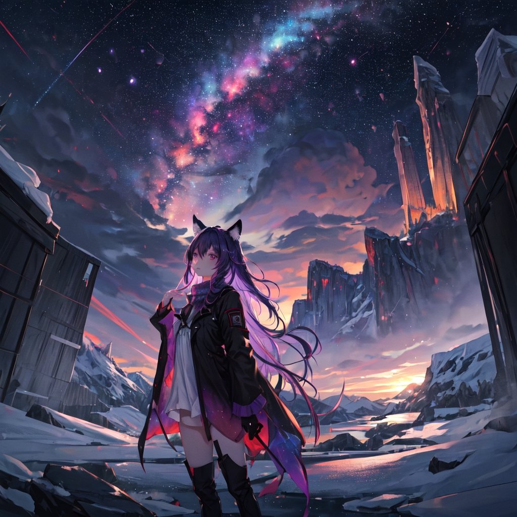 masterpiece,colorful,{best quality},detailed eyes,high constrast,ultra high res.,amidef,Seele is in a ice mountain seeing a huge glowing ice ravine with glowing nebula sky while the sun is setting down with big galaxy like stars.,giving a sad yet with a little hope. ,animal ears,long hair