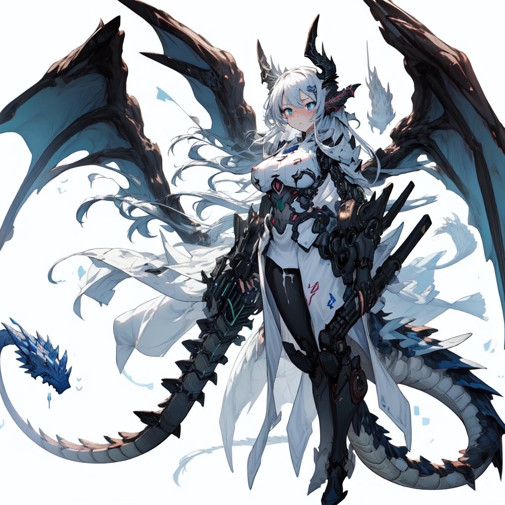 best quality”, “masterpiece”, “illustration”, “1girl”, “solo”, “full body”, “Mecha”, “machine”, “Dragon ear”, “Blank background”, Dragon wings, dragon tail,and “dragon horn”,dragon ear, a girl standing tall while floating in the air with open wings,big_boobies,breath taking,perfecteyes,cocks floating around her and cumming all over her body while she makes a serious face,:}