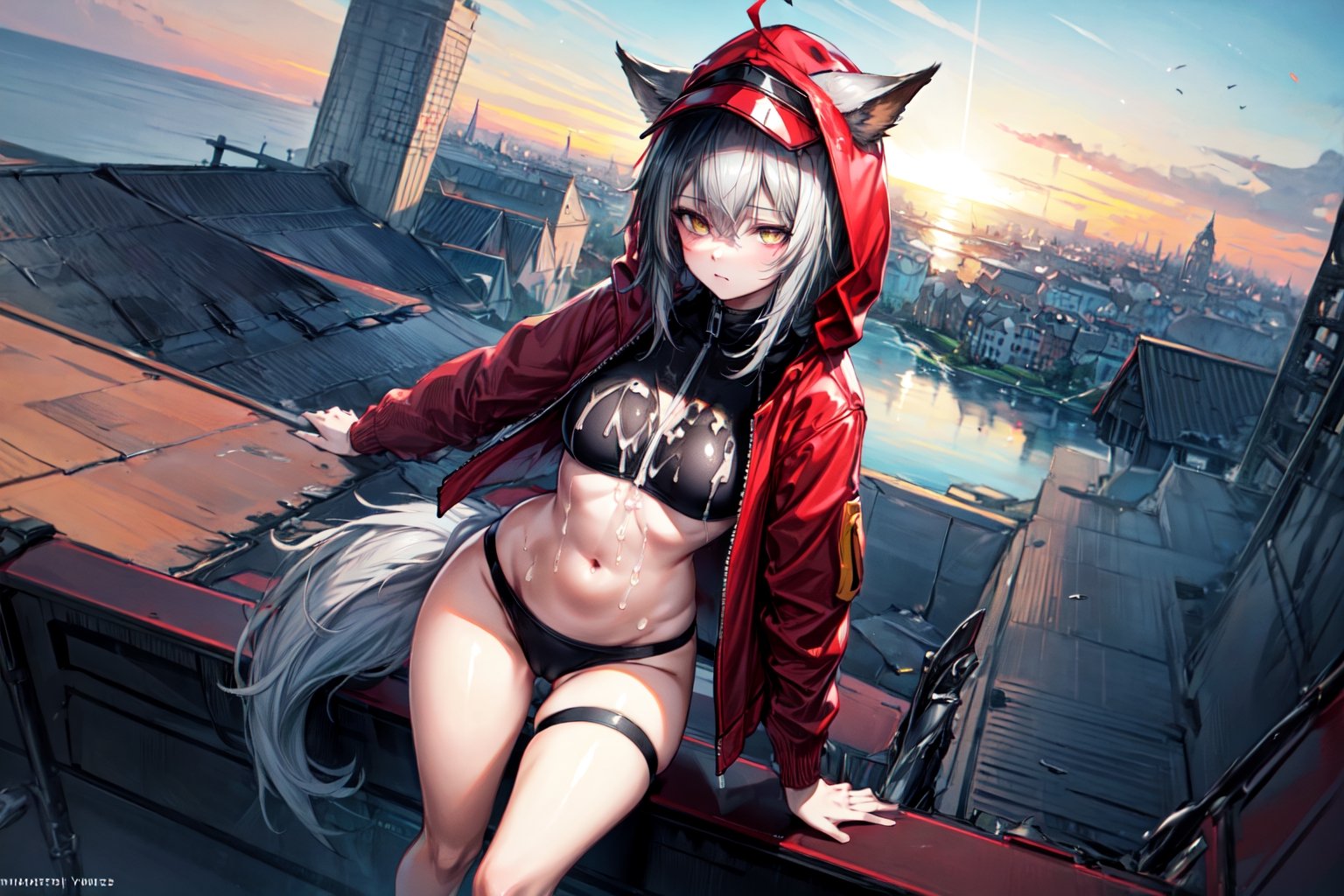 masterpiece, best quality , vivid colours,long hair,fullbody,High detailed,detailed face and eyes, long hair,camel_toe,panties showing,standing,front pov,sfw,vulva,ahoge,1girl,dynamicpose,clothes floating with the wind,powerful colours,projekt red from arknights chilling in a roof top,1girl,gray hair,navel,hot body,projekt red light breeze, yellow eyes, leaning forward, jacket, wolf tail, hood, open jacket, hooded jacket, red jacket, black one-piece swimsuit, thigh strap, unzipped, highleg swimsuit, ears through headwear,cum in her navel,