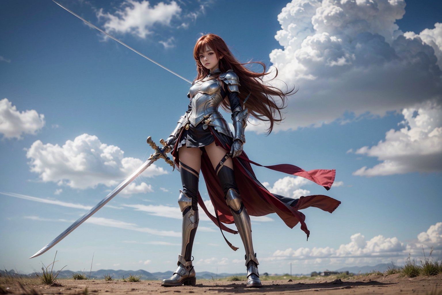 1girl, best quality,  vivid colours,  long hair,  High detailed,  perfect image unfolds with 8k resolution,  masterpiece,  ultra detailed image, colorful,cute girl,clean image style,fullbody,redhead beautifulgirl,High detailed, a girls standing out with a armour costume, she have a sword in hand  and she is raising the sword to the skies,realhands,she is in a plains biome,holding a sword