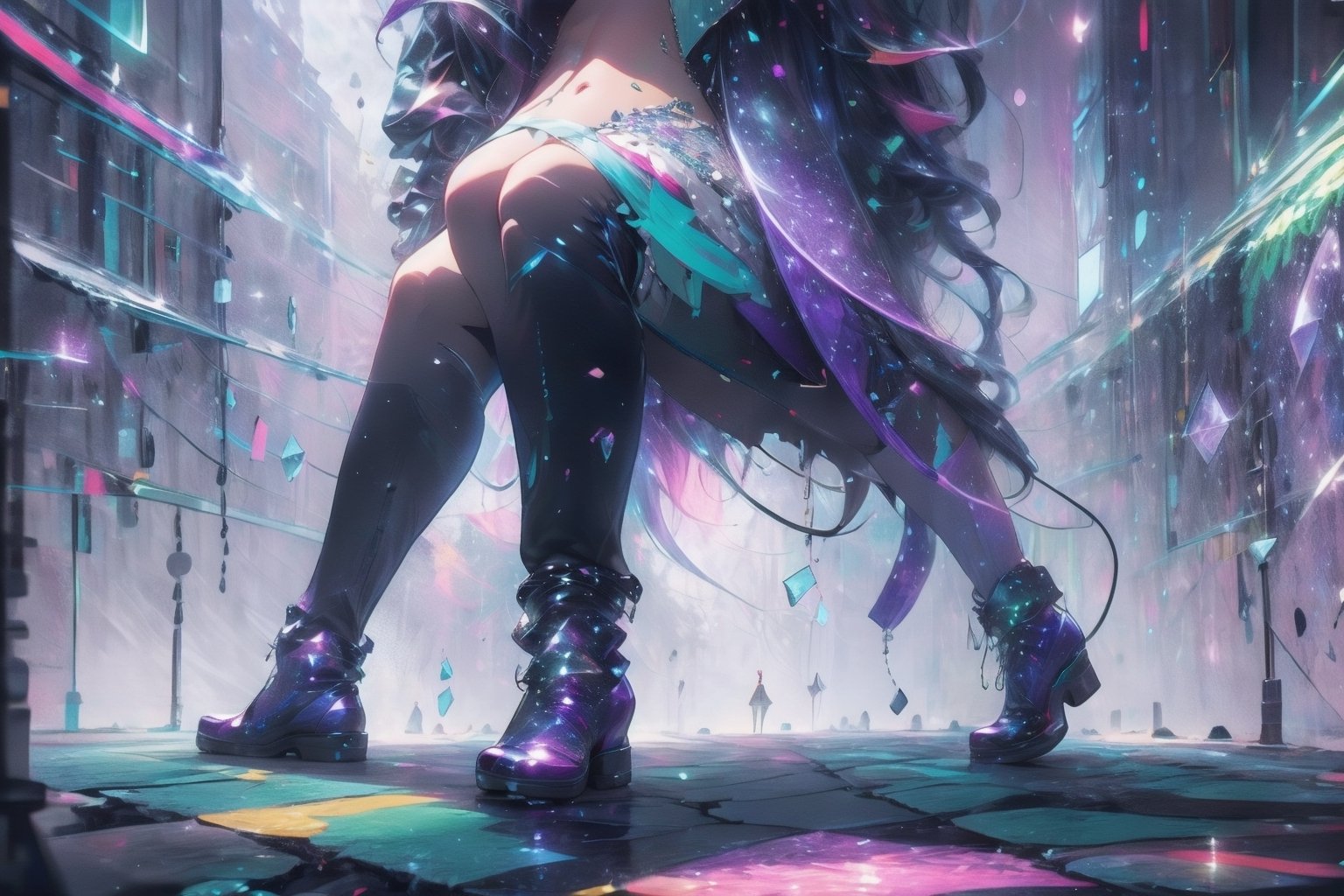 ultra detailed, masterpiece, best quality, 1girl, extremely detailed, vivid colours,long hair,fullbody, green eyes,Amiya is in a giant neon city with giant glowing crystals in walls that are in different colors sometimes is blue red green or purple or other colour like gray,High detailed,glitter,amidef,full body