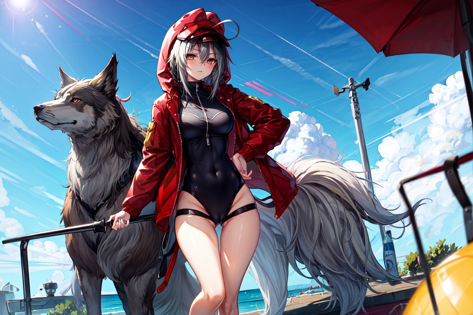 masterpiece, best quality , vivid colours,long hair,fullbody,High detailed,detailed face and eyes, long hair,camel_toe,panties showing,standing,front pov,sfw,vulva,ahoge,1girl,dynamicpose,clothes floating with the wind,powerful colours,projekt red from arknights chilling in a roof top,1girl,gray hair,navel,hot body,projekt red light breeze, yellow eyes, leaning forward, jacket, wolf tail, hood, open jacket, hooded jacket, red jacket, black one-piece swimsuit, thigh strap, unzipped, highleg swimsuit, ears through headwear,