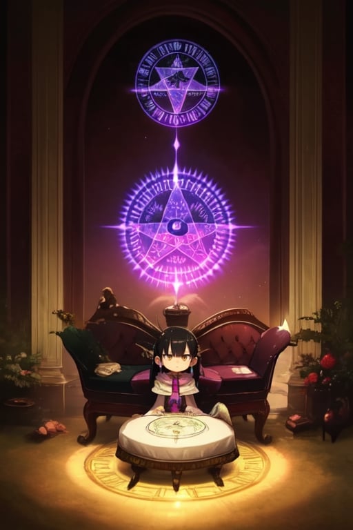 loli, green_eyes, saki, magic_circles, purple_hair, wizards,a pentagram like purple magic circle inside the eye, perfect_eyes,full yet simplified body,full body,sitting on sofa 