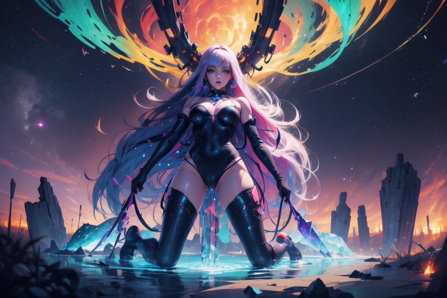 official art, ultra detailed, beautiful and aesthetic, masterpiece, best quality, 1girl, extremely detailed, dynamic angle, elegant, vivid colours,long hair,fullbody, green eyes,Makima is in a giant glowing nebula cave with giant glowing crystals that are in different colors sometimes is blue red green or purple or other colour like gray,High detailed ,makima\(chainsaw man\)