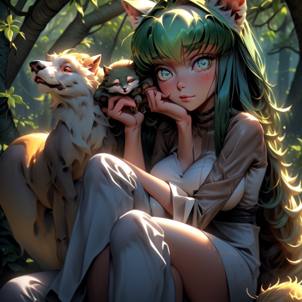 c.c,big_boobies,masterpiece,colorful,best quality, c.c sitting cross leg with hand into the chin,cute face, the background is a forest where c.c is chilling with animals ,detailed eyes,perfecteyes,midnight,hidden hands