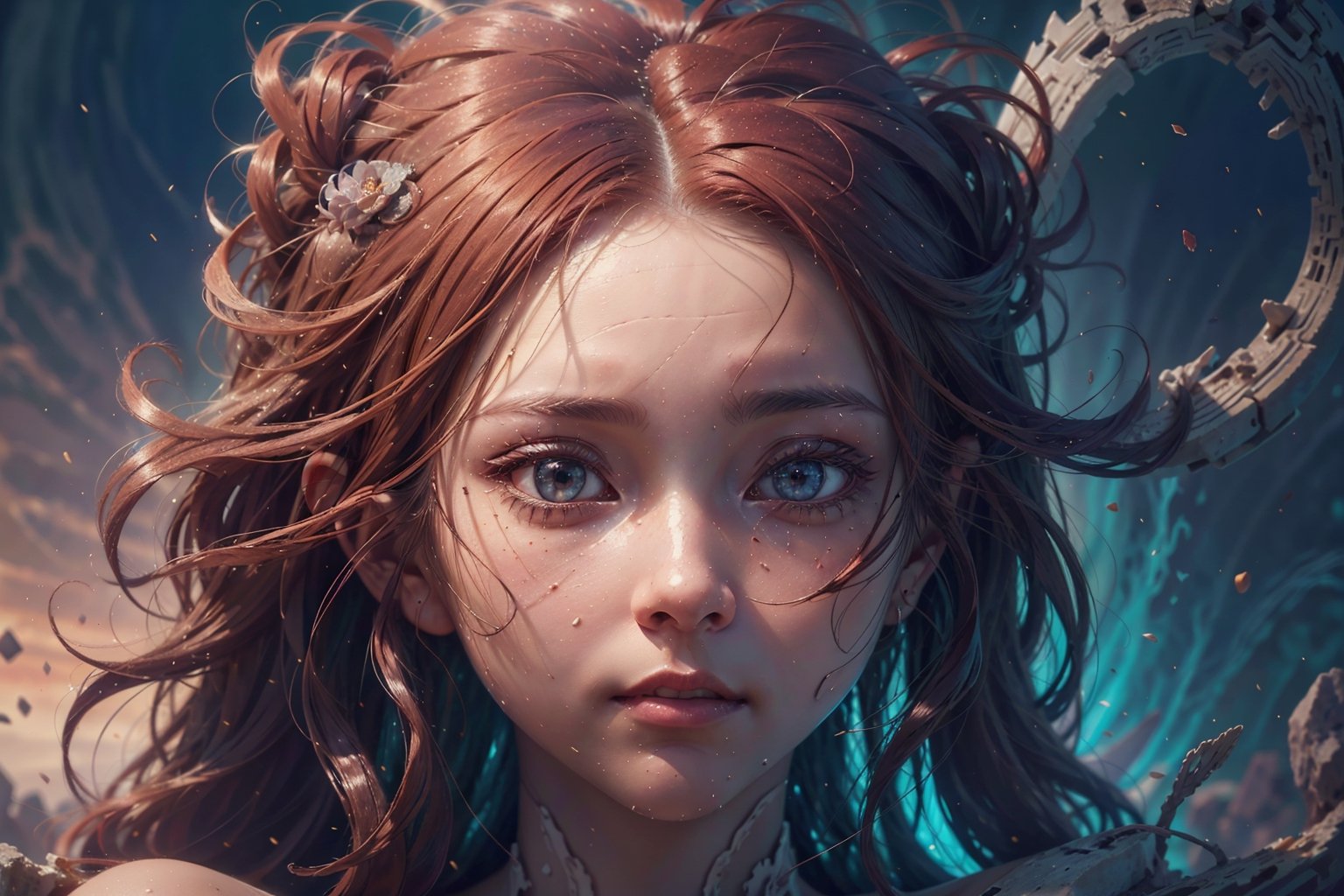 1girl,  best quality, one of the most beautiful images ever created,  vivid colours,  long hair,  High detailed,  perfect image unfolds with 8k resolution,  masterpiece,  ultra detailed image,  colorful, cute girl, clean image style, redhead beautifulgirl, High detailed, she is in a plains biome, detailed beautiful face,fantasy00d,girl naked in empty plains,something watching from afar,