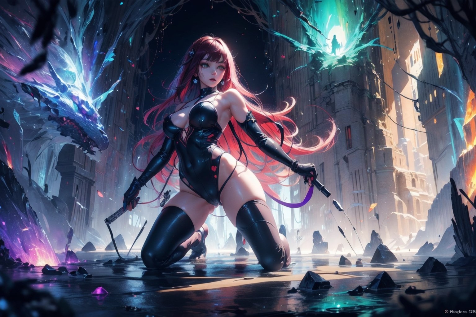 official art, ultra detailed, beautiful and aesthetic, masterpiece, best quality, 1girl, extremely detailed, dynamic angle, elegant, vivid colours,long hair,fullbody, green eyes,Makima is in a giant glowing cave with giant glowing crystals that are in different colors sometimes is blue red green or purple or other colour like gray,High detailed ,makima\(chainsaw man\)