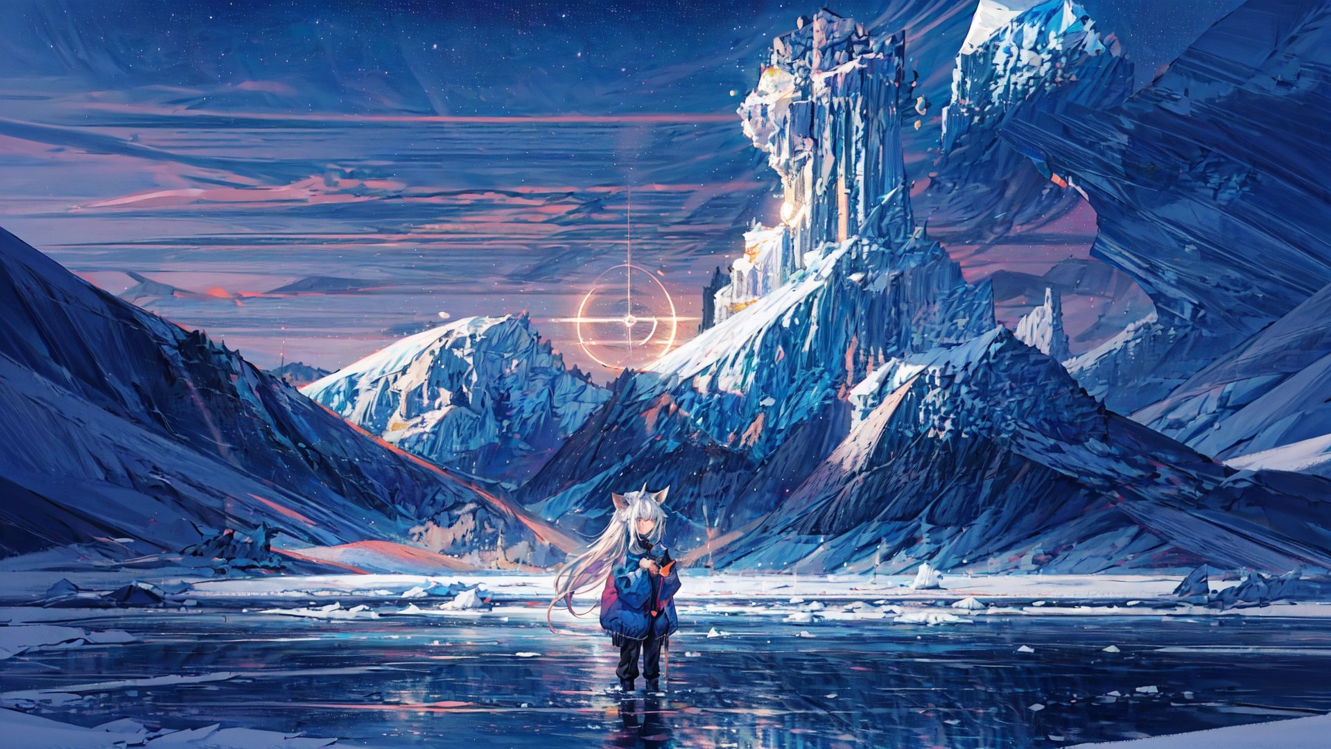 masterpiece,colorful,{best quality},detailed eyes,high constrast,ultra high res.,amidef,the girl is in a ice mountain river with glowing nebula sky while the sun is setting down with big galaxy like stars.,giving a sad yet a little hope in the future. ,animal ears,long hair,hikaru1,layersuit,full_body,reflection in the ice and snown