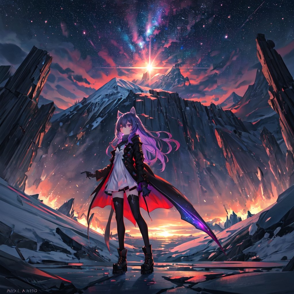 masterpiece,colorful,{best quality},detailed eyes,high constrast,ultra high res.,amidef,Seele is in a ice mountain seeing a huge glowing ice ravine with glowing nebula sky while the sun is setting down with big galaxy like stars.,giving a sad yet with a little hope. ,animal ears,long hair