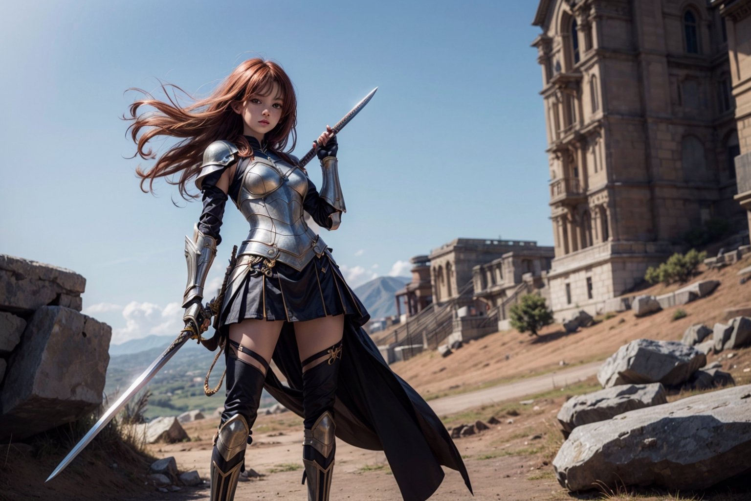 1girl, best quality,  vivid colours,  long hair,  High detailed,  perfect image unfolds with 8k resolution,  masterpiece,  ultra detailed image, colorful,cute girl,clean image style,fullbody,redhead beautifulgirl,High detailed, a girls standing out with a armour costume, she have a sword in hand  and she is raising the sword to the skies,realhands,she is in a plains biome,holding a sword