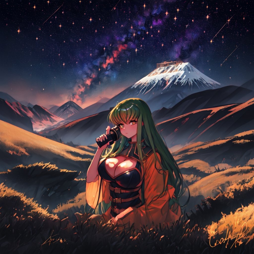 c.c,big_boobies,masterpiece,colorful,best quality,cute face, the background is a mountain like place where C.C is looking through a telescope seeing very cool looking galaxy like stars in midnight,detailed eyes,perfecteyes,EpicSky,giant stars