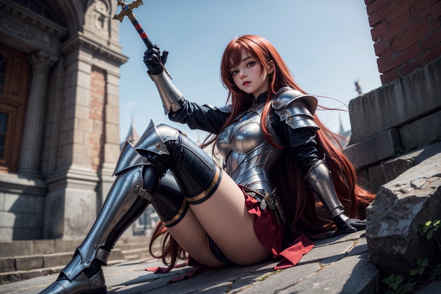 1girl, best quality,  vivid colours,  long hair,  High detailed,  perfect image unfolds with 8k resolution,  masterpiece,  ultra detailed image, colorful,cute girl,clean image style,fullbody,redhead beautifulgirl,High detailed, a girls chilling out with a armour costume and a sword in hand pointing it to the skies, 