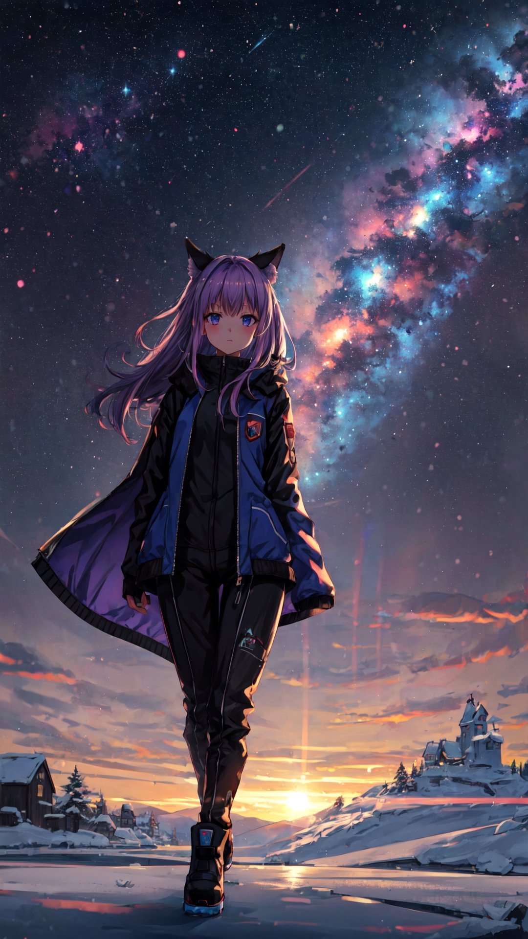 masterpiece,colorful,{best quality},detailed eyes,high constrast,ultra high res.,amidef,Seele is in a ice mountain seeing a huge blueprple glowing ice village with glowing nebula sky while the sun is setting down with big galaxy like stars.,giving a sad yet with a little hope. ,animal ears,long hair,hikaru1,layersuit