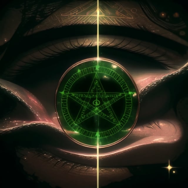 loli, sight_in_the_eyes, green_eyes, saki, magic_circles, green_hair, wizards, sight looking,a pentagram like magic circle inside the eye, perfect_eyes,full yet simplified body,full body 