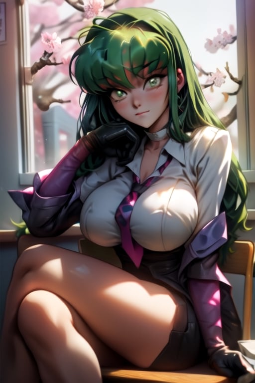 c.c,big_boobies,masterpiece,colorful,best quality, c.c sitting cross leg with hand into the chin,cute face, the background is a classroom where theres a huge window which light comes true and c.c is alone just chilling looking at the sakura trees through the window,c.c.,detailed eyes,using gloves,perfecteyes,looking at viewer 