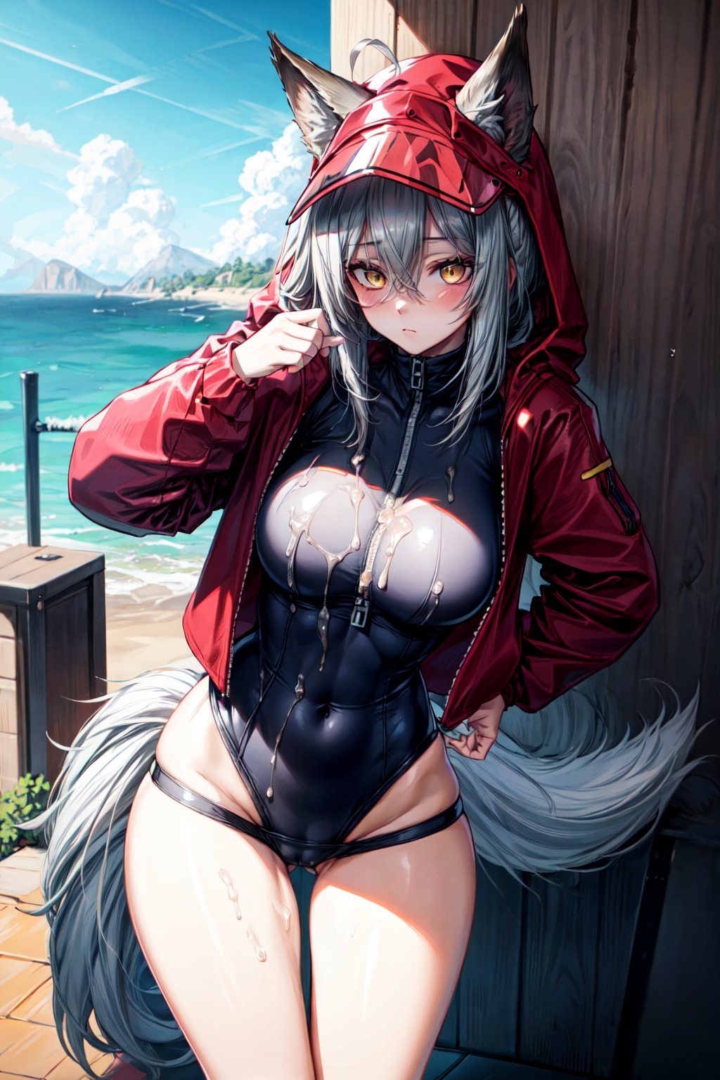 masterpiece, best quality , vivid colours,long hair,fullbody,High detailed,detailed face and eyes, long hair,camel_toe,panties showing,standing,front pov,sfw,vulva,ahoge,1girl,dynamicpose,clothes floating with the wind,powerful colours,projekt red from arknights chilling in a roof top,1girl,gray hair,navel,hot body,projekt red light breeze, yellow eyes, leaning forward, jacket, wolf tail, hood, open jacket, hooded jacket, red jacket, black one-piece swimsuit, thigh strap, unzipped, highleg swimsuit, ears through headwear,cum in her navel,