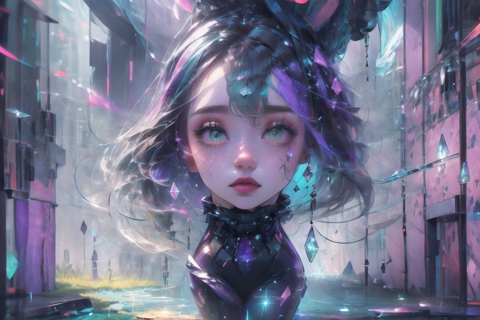 ultra detailed, masterpiece, best quality, 1girl, extremely detailed, vivid colours,long hair,fullbody, green eyes,Amiya is in a giant neon city with giant glowing crystals in walls that are in different colors sometimes is blue red green or purple or other colour like gray,High detailed,glitter,amidef