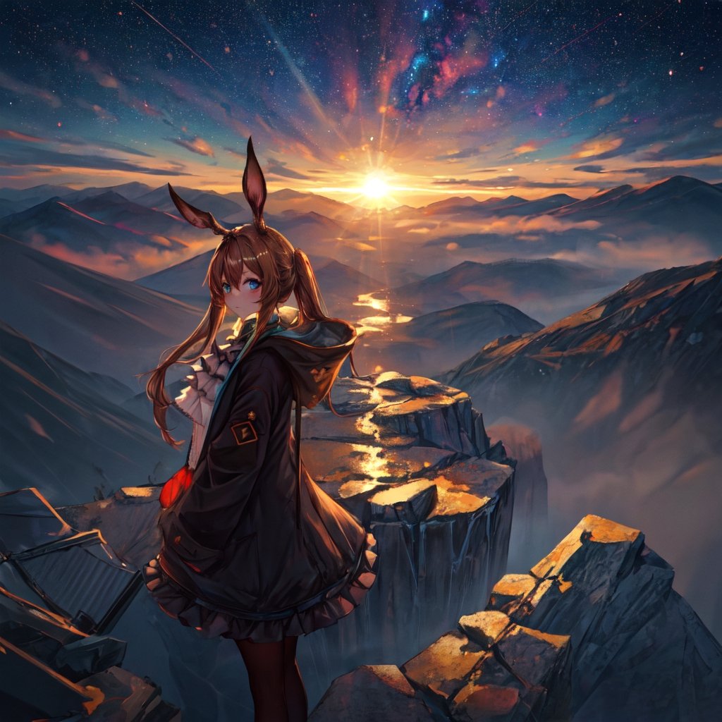 masterpiece,colorful,{best quality},detailed eyes,high constrast,ultra high res.,amidef,
amiya is in a mountain seeing a huge glowing ravine with glowing nebula sky while the sun is setting down with big galaxy like stars.,giving a sad yet with a little hope. ,animal ears