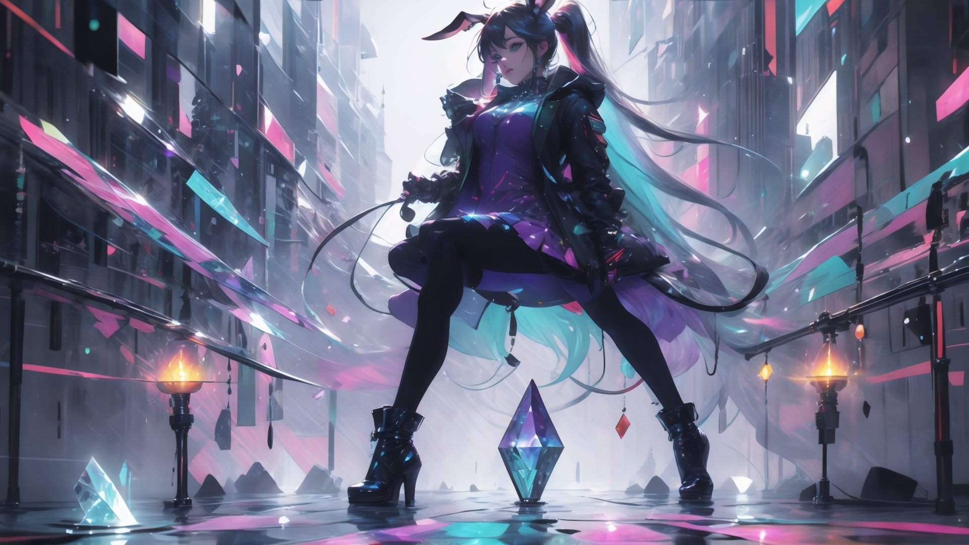 official art, ultra detailed, beautiful and aesthetic, masterpiece, best quality, 1girl, extremely detailed, dynamic angle, elegant, vivid colours,long hair,fullbody, green eyes,Amiya is in a giant neon city with giant glowing crystals in walls that are in different colors sometimes is blue red green or purple or other colour like gray,High detailed ,
,abrstact_background,glitter,amidef