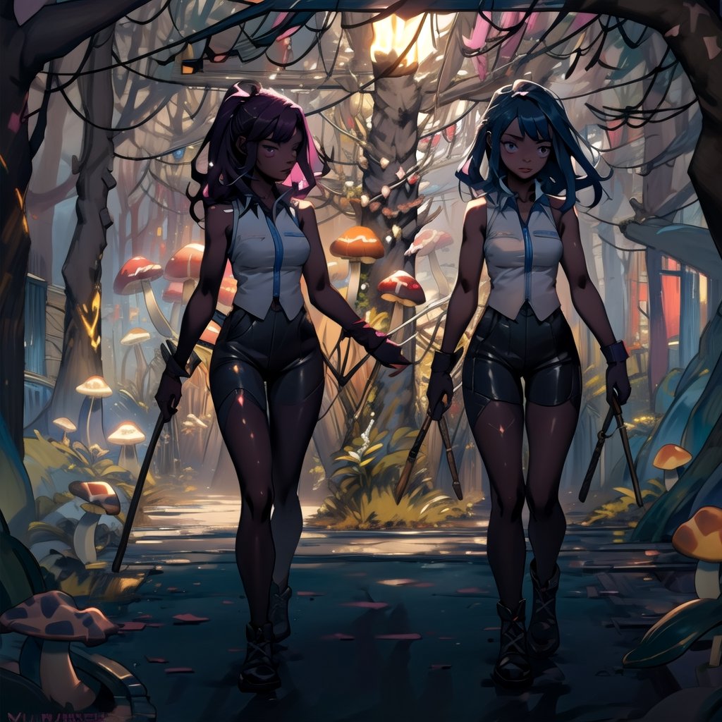 masterpiece,colorful,{best quality},detailed eyes,high constrast,ultra high res.glowing clothes,A girl is walking a dark forest with glowing shrooms,full body