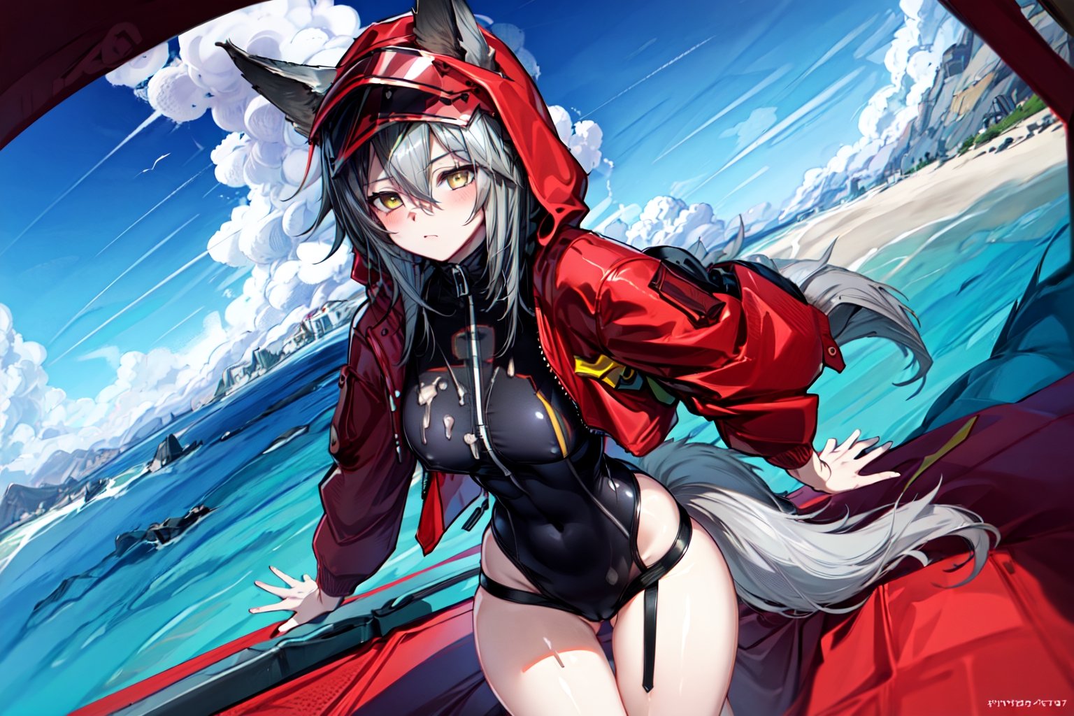 masterpiece, best quality , vivid colours,long hair,fullbody,High detailed,detailed face and eyes, long hair,camel_toe,panties showing,standing,front pov,sfw,vulva,ahoge,1girl,dynamicpose,clothes floating with the wind,powerful colours,projekt red from arknights chilling in a roof top,1girl,gray hair,navel,hot body,projekt red light breeze, yellow eyes, leaning forward, jacket, wolf tail, hood, open jacket, hooded jacket, red jacket, black one-piece swimsuit, thigh strap, unzipped, highleg swimsuit, ears through headwear,cum in her navel and thighs