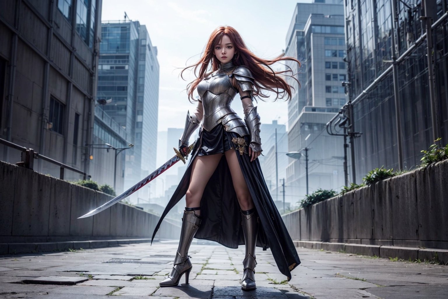 1girl, best quality,  vivid colours,  long hair,  High detailed,  perfect image unfolds with 8k resolution,  masterpiece,  ultra detailed image, colorful,cute girl,clean image style,fullbody,redhead beautifulgirl,High detailed, a girls standing out with a armour costume, she have a sword in hand  and she is raising the sword to the skies,realhands,she is in a plains biome,