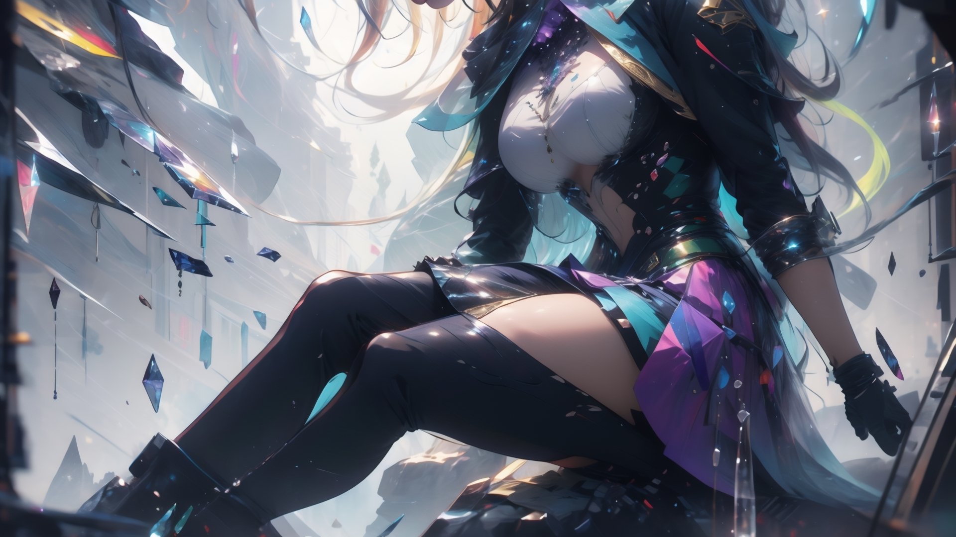 official art, ultra detailed, beautiful and aesthetic, masterpiece, best quality, 1girl, extremely detailed, dynamic angle, elegant, vivid colours,long hair,fullbody, green eyes,Amiya is in a giant glowing cave with giant glowing crystals that are in different colors sometimes is blue red green or purple or other colour like gray,High detailed ,
,abrstact_background,glitter,amidef