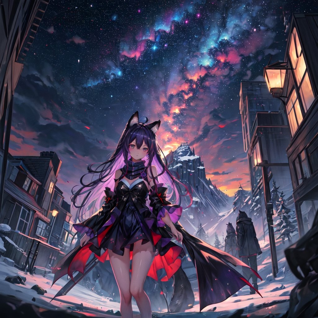 masterpiece,colorful,{best quality},detailed eyes,high constrast,ultra high res.,amidef,Seele is in a ice mountain seeing a huge glowing ice ravine with glowing nebula sky while the sun is setting down with big galaxy like stars.,giving a sad yet with a little hope. ,animal ears,long hair