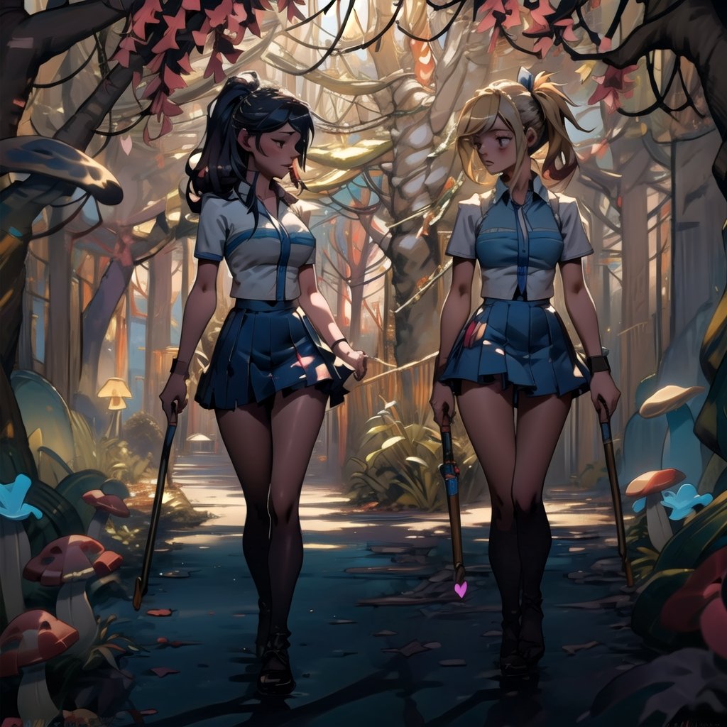 masterpiece,colorful,{best quality},detailed eyes,high constrast,ultra high res.glowing clothes,A girl is walking a dark forest with glowing shrooms,full body,Lucy_Heartfilia