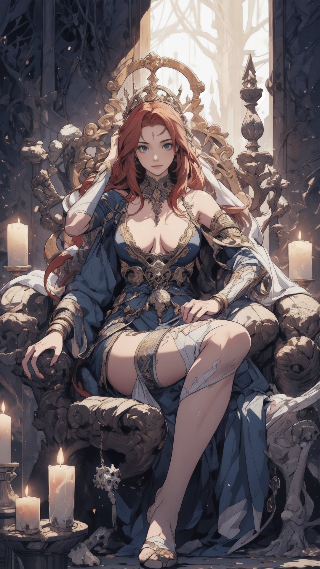 1girl,  best quality, one of the most beautiful images ever created,  vivid colours,  long hair,  High detailed,  perfect image unfolds with 8k resolution,  masterpiece,  ultra detailed image,  colorful, cute girl, clean image style, redhead beautifulgirl, High detailed, detailed beautiful face,fullbody,midjourney,oda non,A ancient imortal queen sitting in a trone made of bones and flesh,a very heavy death feeling is in the air,she looks soo young yet dangerous,she is almost the enbodiment of death + NSFW nudity.