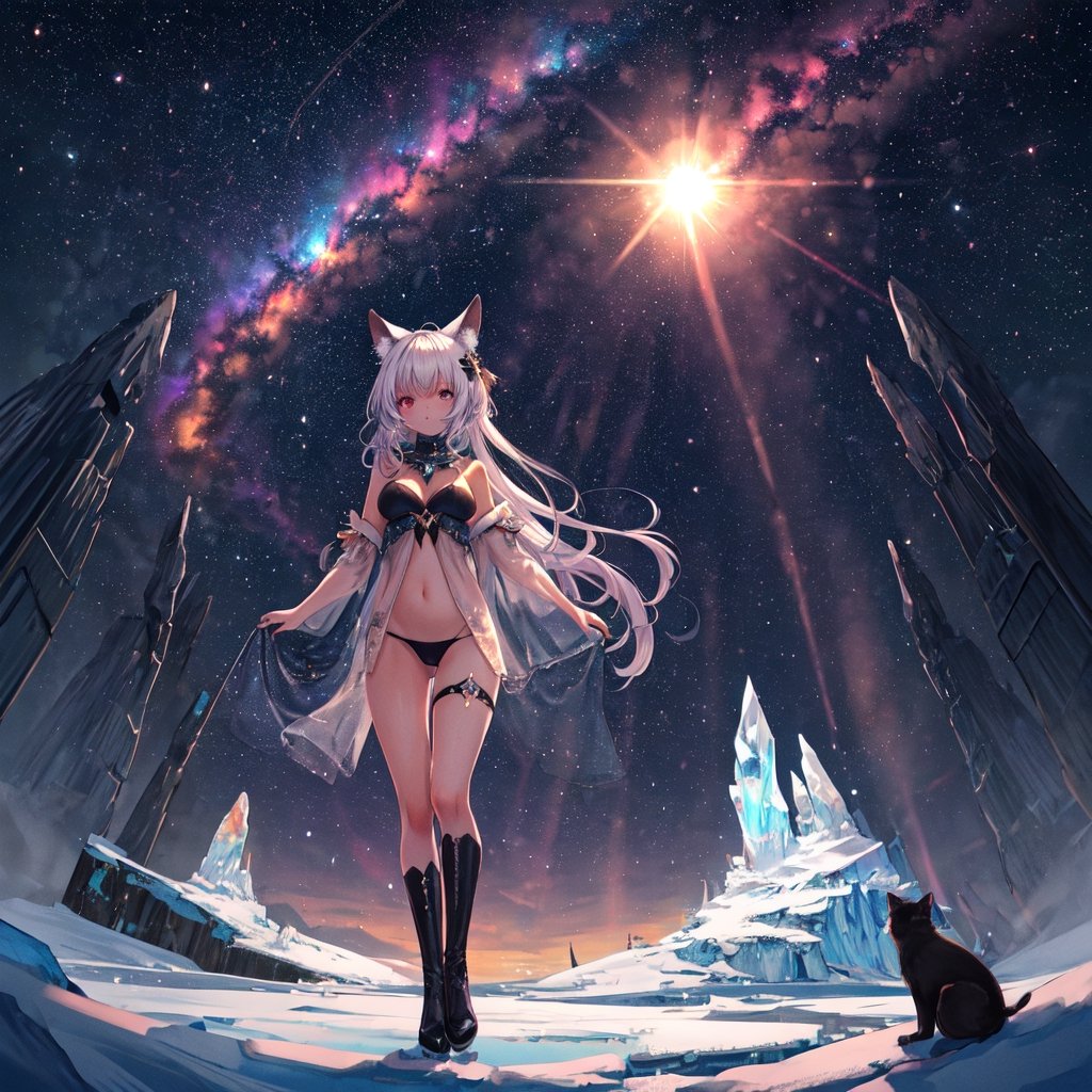 masterpiece,colorful,{best quality},detailed eyes,high constrast,ultra high res.,amidef,
amiya is in a ice mountain seeing a huge glowing ice ravine with glowing nebula sky while the sun is setting down with big galaxy like stars.,giving a sad yet with a little hope. ,animal ears