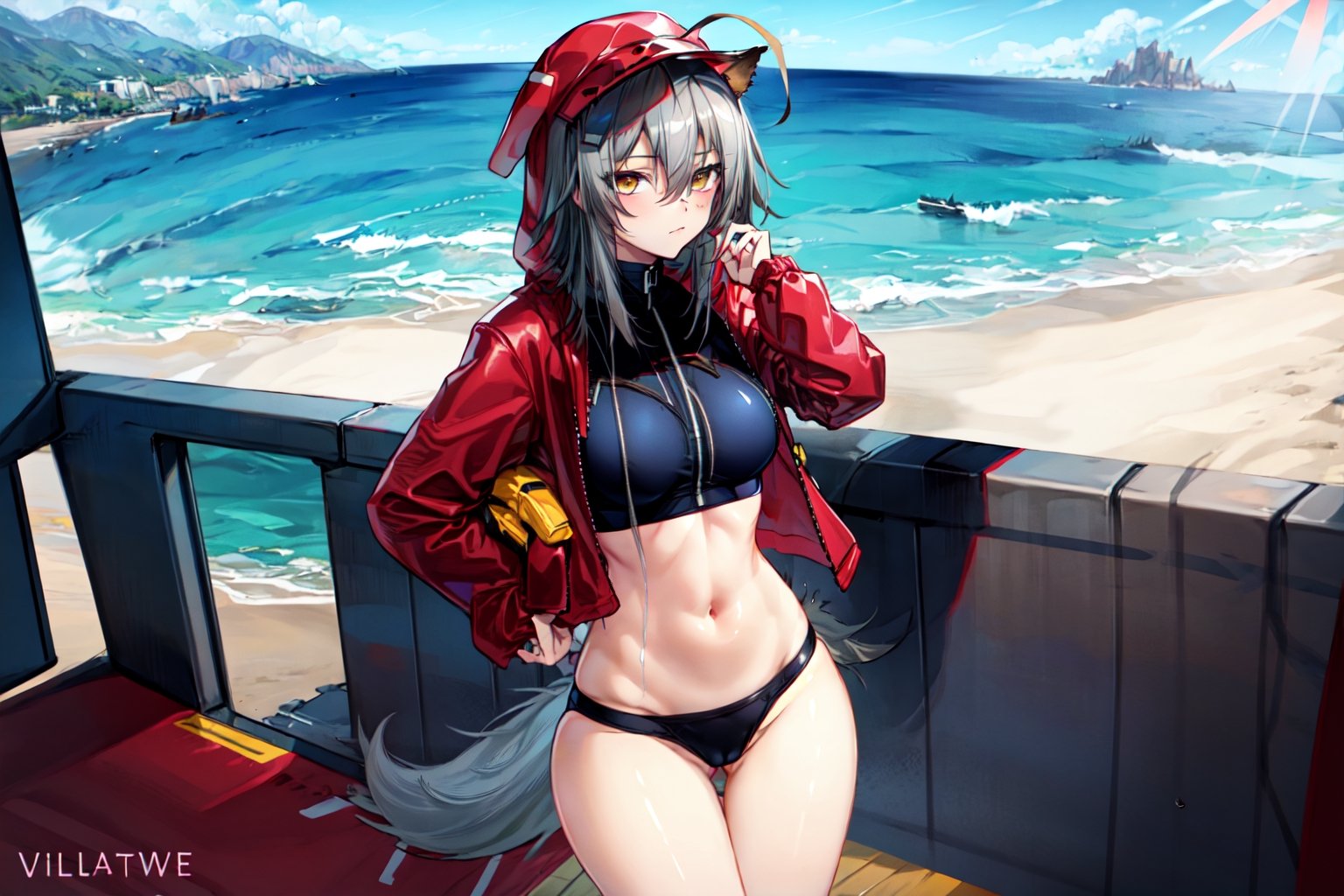 masterpiece, best quality , vivid colours,long hair,fullbody,High detailed,detailed face and eyes, long hair,camel_toe,panties showing,standing,front pov,sfw,vulva,ahoge,1girl,dynamicpose,clothes floating with the wind,powerful colours,projekt red from arknights chilling in a roof top,1girl,gray hair,navel,hot body,projekt red light breeze, yellow eyes, leaning forward, jacket, wolf tail, hood, open jacket, hooded jacket, red jacket, black one-piece swimsuit, thigh strap, unzipped, highleg swimsuit, ears through headwear,cu m in her navel and thighs