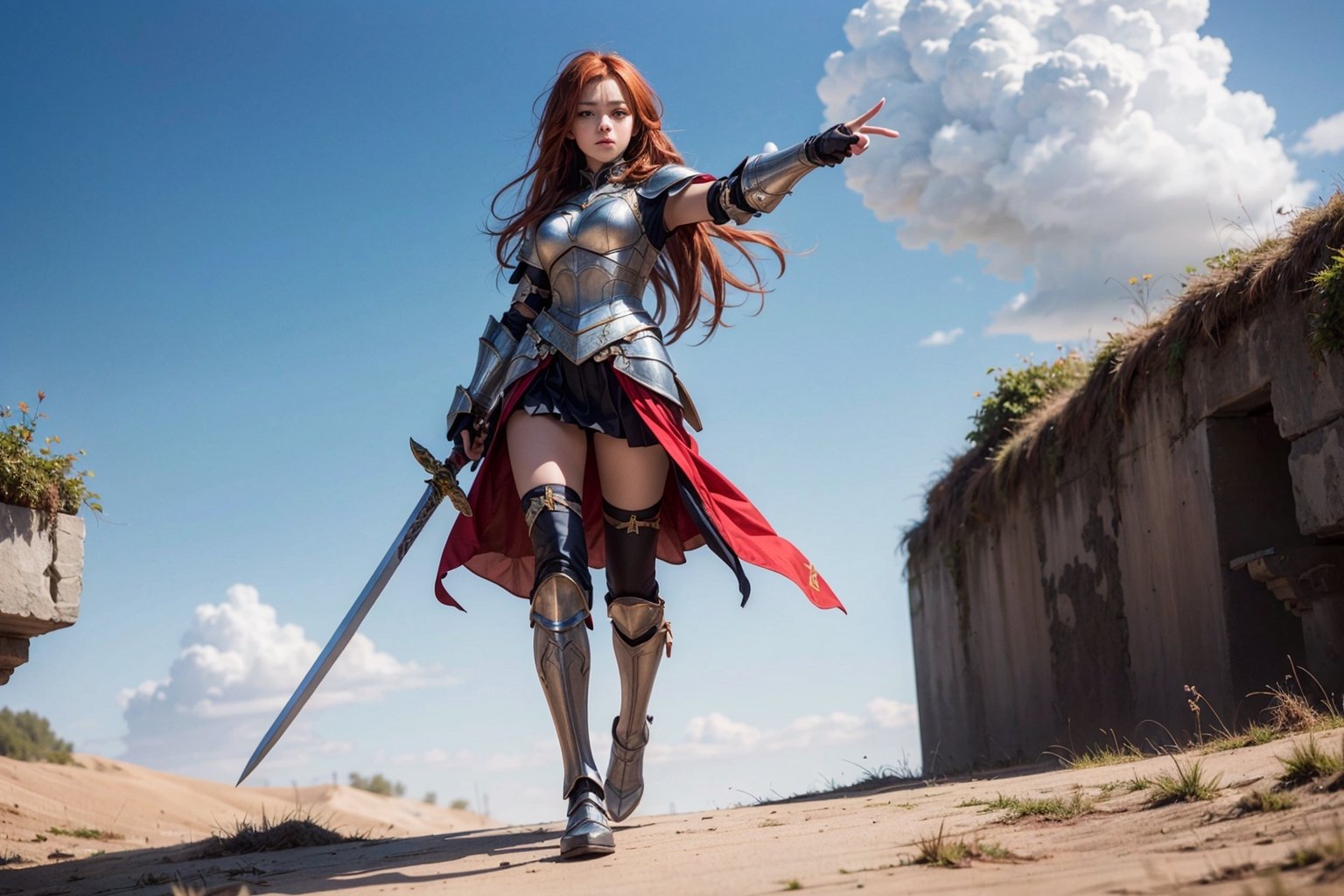 1girl, best quality,  vivid colours,  long hair,  High detailed,  perfect image unfolds with 8k resolution,  masterpiece,  ultra detailed image, colorful,cute girl,clean image style,fullbody,redhead beautifulgirl,High detailed, a girls standing out with a armour costume and a sword in hand pointing it to the skies, 