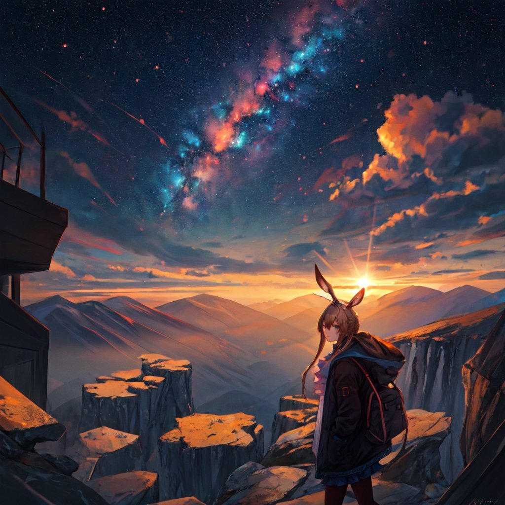 masterpiece,colorful,{best quality},detailed eyes,high constrast,ultra high res.,amidef,
amiya is in a mountain seeing a huge glowing ravine, glowing nebula sky,the sun is setting down,big galaxy like stars. 