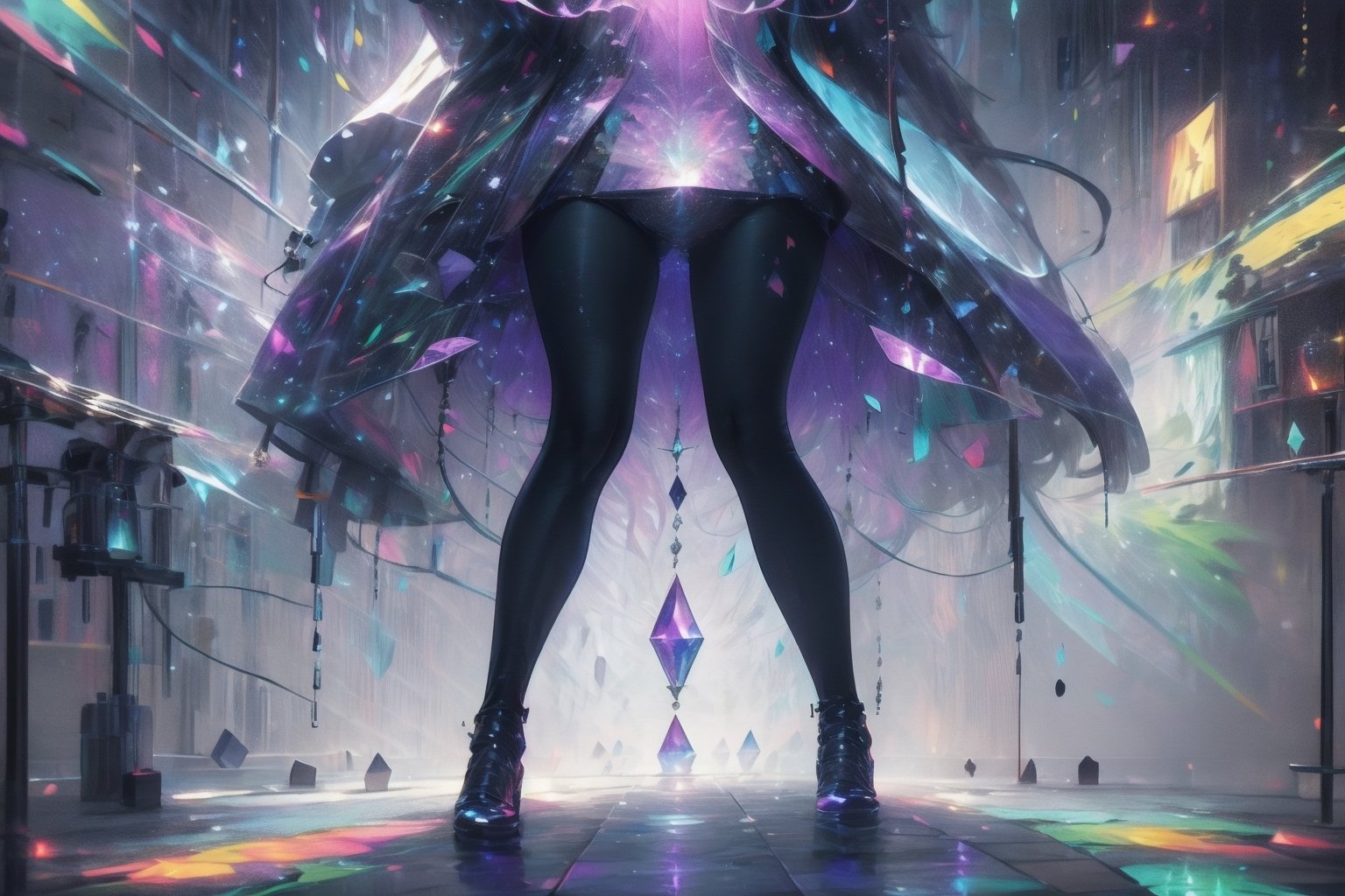 ultra detailed, masterpiece, best quality, 1girl, extremely detailed, vivid colours,long hair,fullbody, green eyes,Amiya is in a giant neon city with giant glowing crystals in walls that are in different colors sometimes is blue red green or purple or other colour like gray,High detailed,glitter,amidef,full body