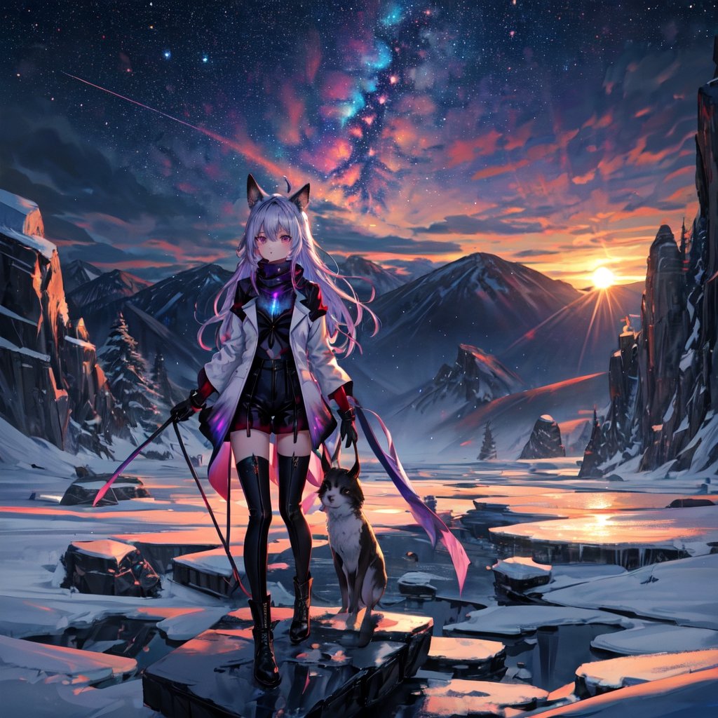 masterpiece,colorful,{best quality},detailed eyes,high constrast,ultra high res.,amidef,Seele is in a ice mountain seeing a huge glowing ice ravine with glowing nebula sky while the sun is setting down with big galaxy like stars.,giving a sad yet with a little hope. ,animal ears,long hair