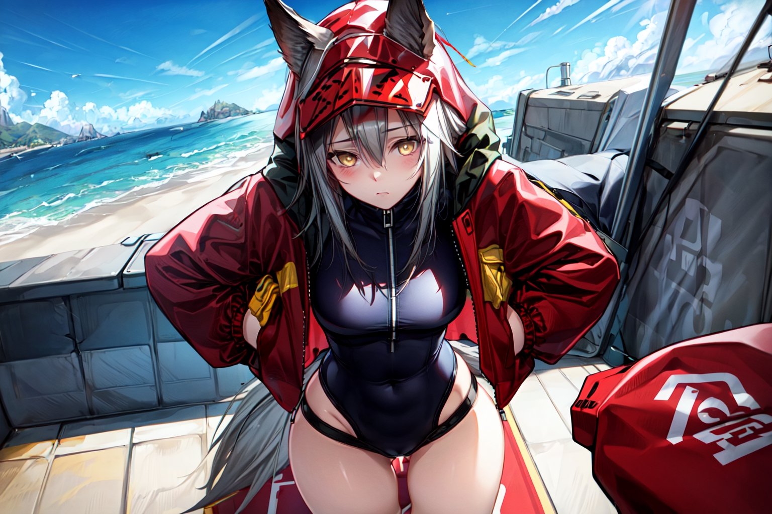 masterpiece, best quality , vivid colours,long hair,fullbody,High detailed,detailed face and eyes, long hair,camel_toe,panties showing,standing,front pov,sfw,vulva,ahoge,1girl,dynamicpose,clothes floating with the wind,powerful colours,projekt red from arknights chilling in a roof top,1girl,gray hair,navel,hot body,projekt red light breeze, yellow eyes, leaning forward, jacket, wolf tail, hood, open jacket, hooded jacket, red jacket, black one-piece swimsuit, thigh strap, unzipped, highleg swimsuit, ears through headwear,