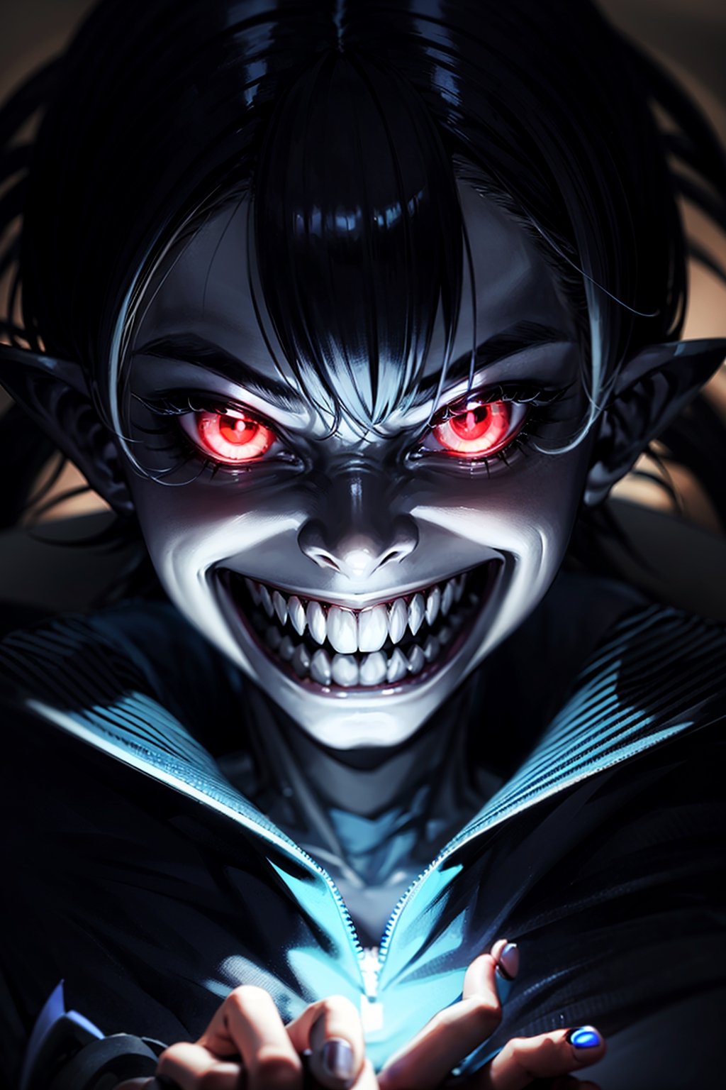 centered face photo of a blue statue smiling, face close, fisheye lens, (1guy, solo) solo leveling statue of god smile, face, smiling, (black sclera, glowing red eyes), big mouth, long big teeth, looking at viewer, smile wrinckes, crimp nose, High detailed, face shot, phonk, anime, looking down, creepy, scary, angry, ferocious,Solo Levelling